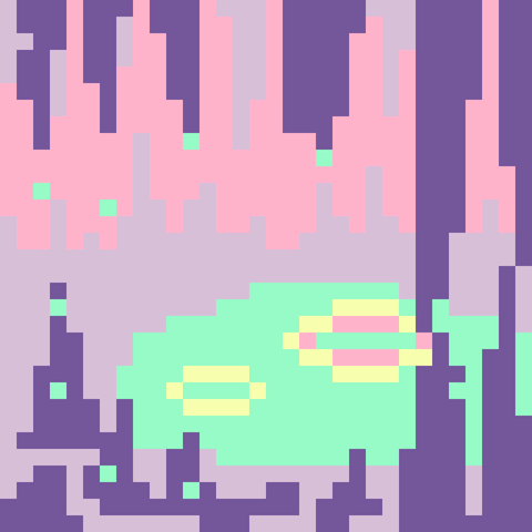 Pixel art of the interior of a cave with long, purple stalactites and stalagmites jutting out from the ceiling and floor. In the mid-ground is a blue-green pool with yellow and pink ripples. The background of the cave fades into light purple rock formations and pink fog.
