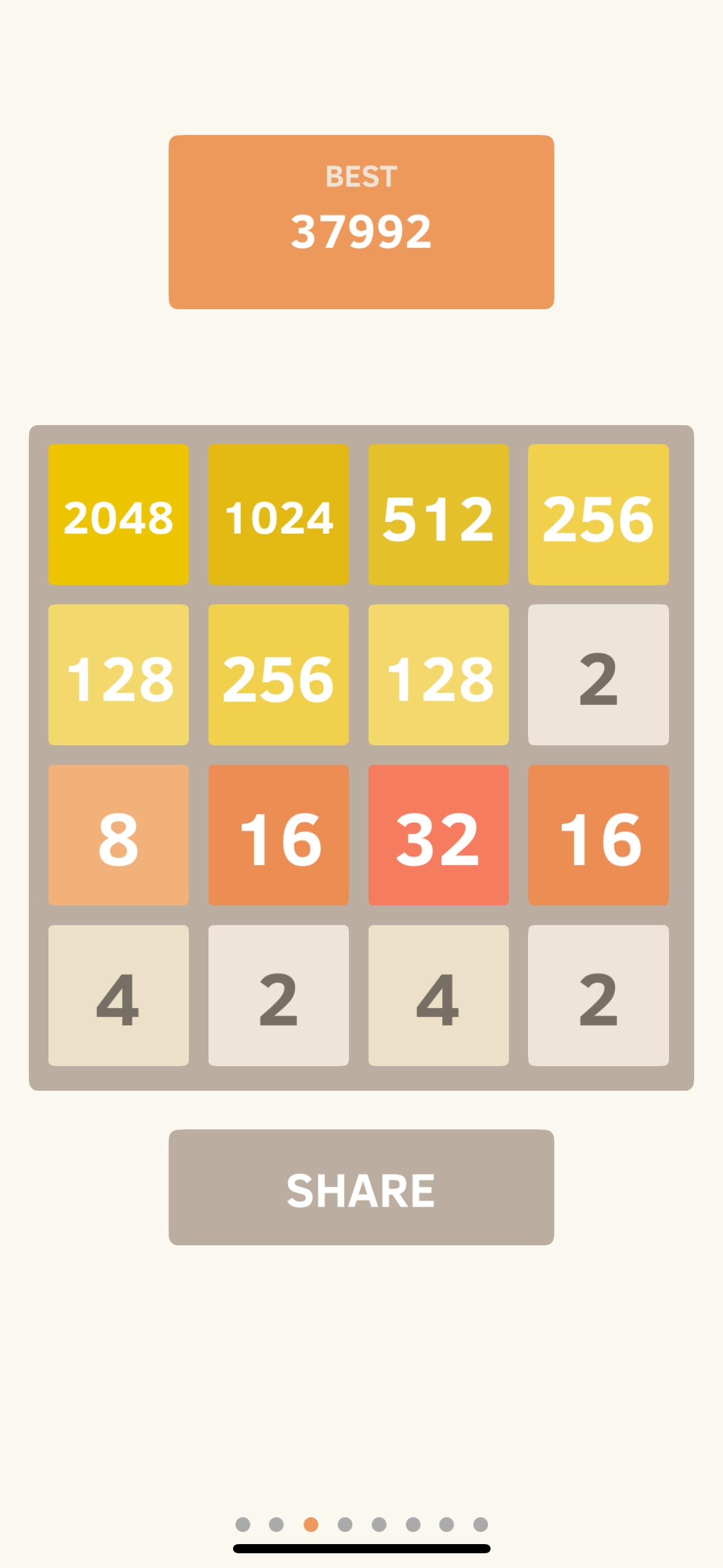 Screen shot of the game 2048. 4x4 grid showing 2048 title top left other high tiles. 