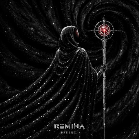 An album cover done mostly in black. The background is a vortex of stars. In the center, a figure is mostly with their back to the viewer, but their head is turned in profile. They're of indeterminate gender and age, as their face is not revealed. They wear a long flowing cape with a hood, its material looks like it's made of stars. The figure is holding a tall staff in their arm which is armored in black. The staff is topped by a glowing red ball, with lightning coming out of it, surrounded by concentric circles. The figure's hood isn't empty, as light from the staff and stars is reflected there. Band name Remina is written in big white characters above the lower edge, with album name Erebus in smaller gray characters below it.