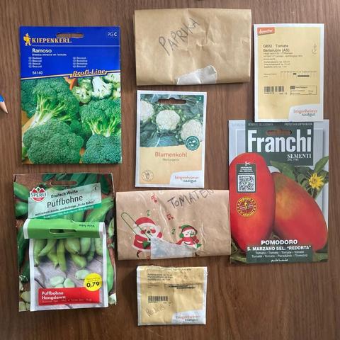 A collection of seed packets laid out on a wooden surface. The packets include broccoli (Brokkoli), cauliflower (Blumenkohl), broad beans (Puffbohne), and tomatoes (Pomodoro S. Marzano SEL. “Redorta”). There are also two handmade paper seed envelopes labeled 'Paprika' and 'Tomaten,' one decorated with festive illustrations. Another small packet is labeled 'Radis.'