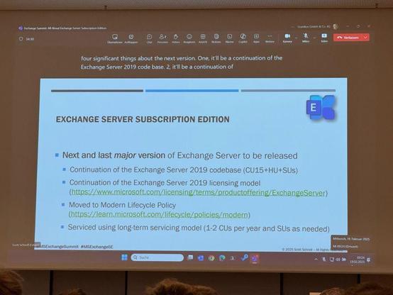 A presentation slide titled "Exchange Server Roadmap Update" is shown. The slide details updates and changes to the Exchange Server roadmap, including release dates, support timelines, and security measures. The presentation is viewed on Microsoft Teams, with control icons visible at the top.
