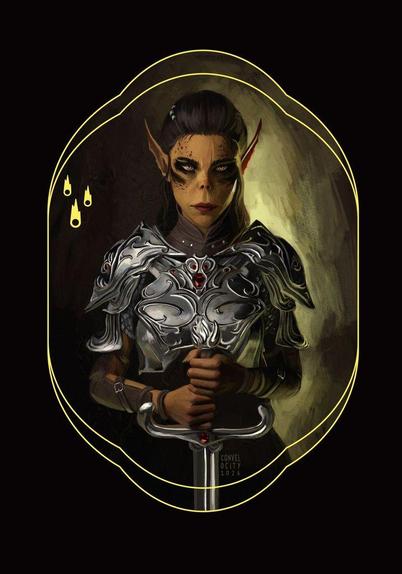 Digital painting. A female warrior with yellow skin and pointy ears is directly looking at the viewer. She is wearing heavy silver armour with intricate ornaments and holding a large sword in both hands.