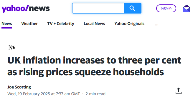 Screenshot of Yahoo! News headline UK inflation increases to three per cent as rising prices squeeze households