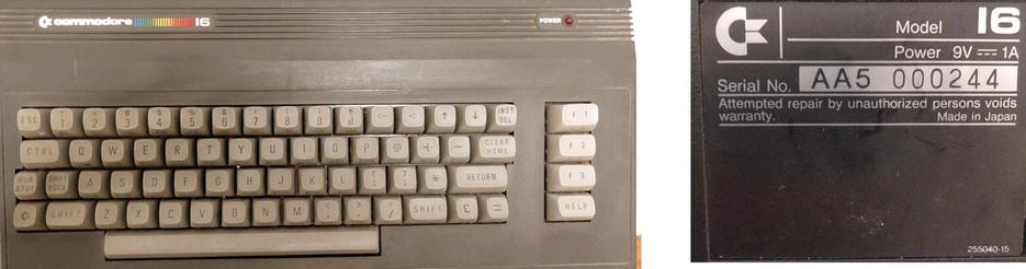 The picture show a Commodore C16 from above.
On the right the serial no. plate.

Serial No. AA5 000244

Anyone interested? I am giving it away.


