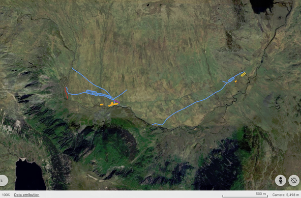 A satellite view of a north Wales valley hosting two small slate quarries. It shows the way in which streams and wet land was exploited to bring water to single points to drive water wheels for, mainly, cutting slate blocks.