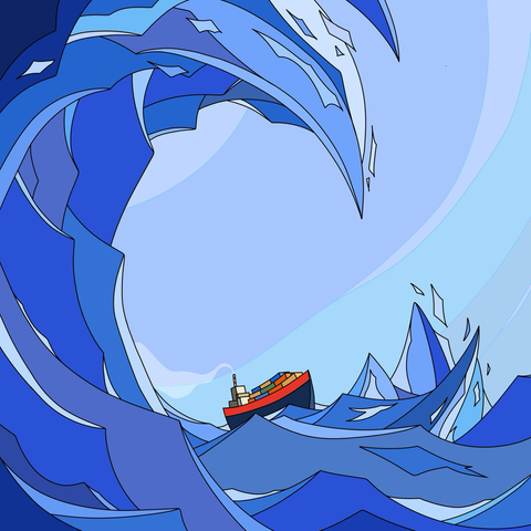Illustration of the letter C, formed by waves in the ocean, with a boat in the middle.