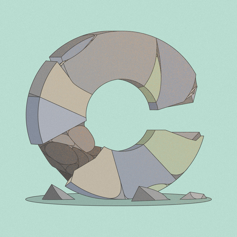 Letter C made with rocky sections, in an illustrative style. Green in the background