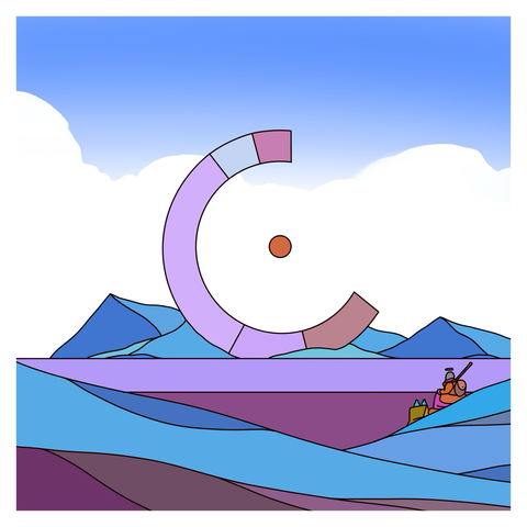 A giant letter C stands at the horizon. In the foreground, a character is contemplating the landscape.