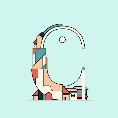Letter C formed with simplified buildings, in an illustrative style.