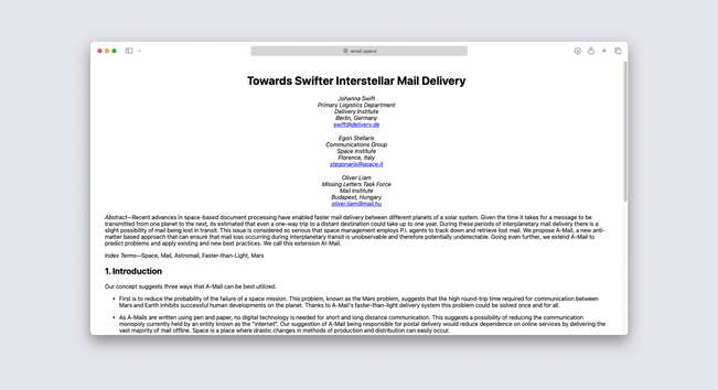 A web page generated from the "Towards Swifter Interstellar Mail Delivery" Typst source code