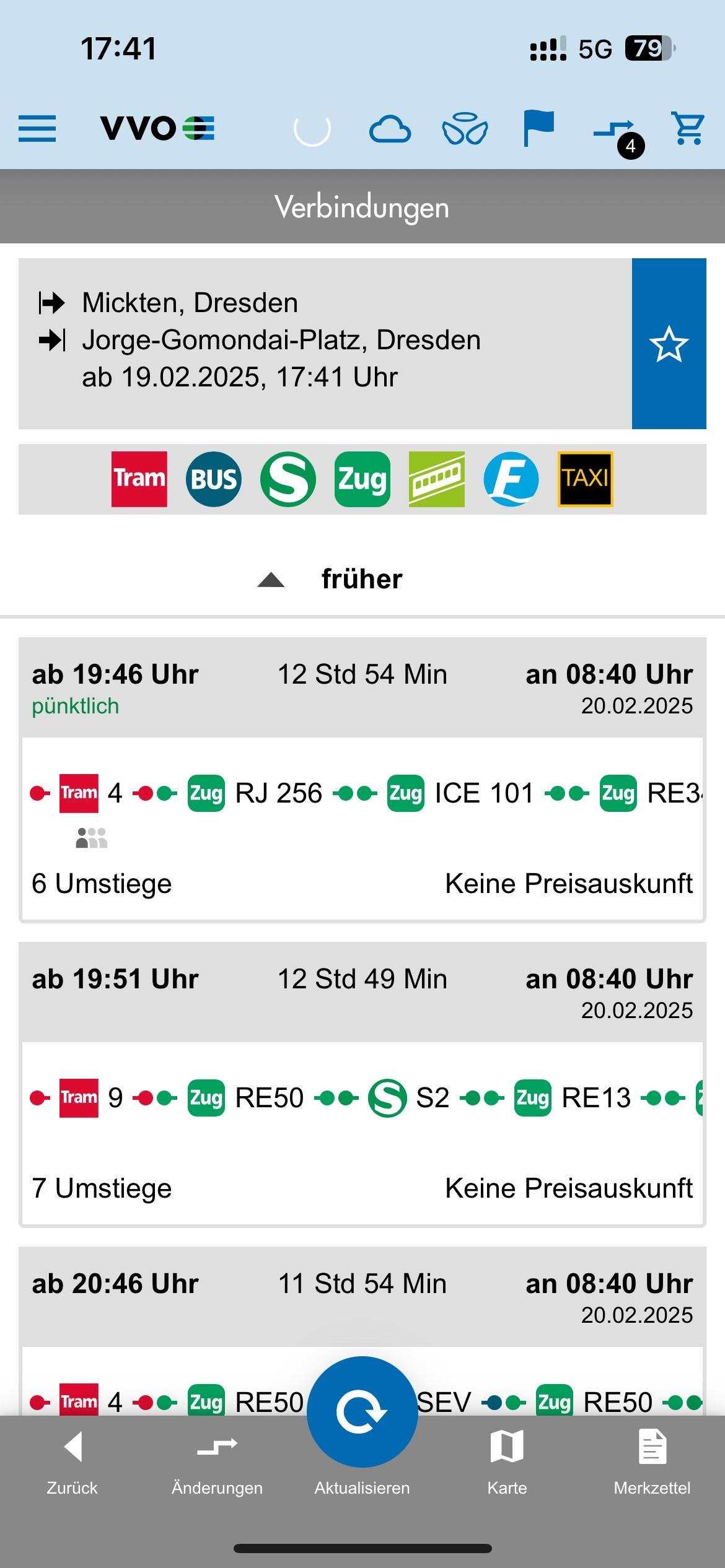 Screenshot of a public transport app showing connections from Mickten to Jorge-Gomondai-Platz in Dresden. It lists departure times, journey duration, and transfer details for various tram and train routes.