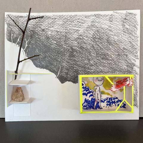 A small paper box fixed on a drawing. In the box there is the drawing of a naked masked woman, standing in front of blue stones under a yellow sky, and a banner with the words « description/disruption ». Outside the box is a grey landscape under a heavy sky, and a small paper shelf with a stone and a branch. 