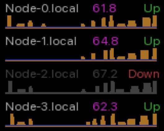 A screenshot of a small LCD display showing some system information about four different devices, also demonstrating how the display information changes if a node hasn’t been reached past a predefined timeout period. When this happens the graph is set to all gray and the status text changes to the word DOWN in red.