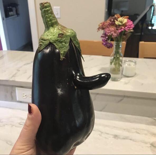 an eggplant with a... protrusion coming out the side