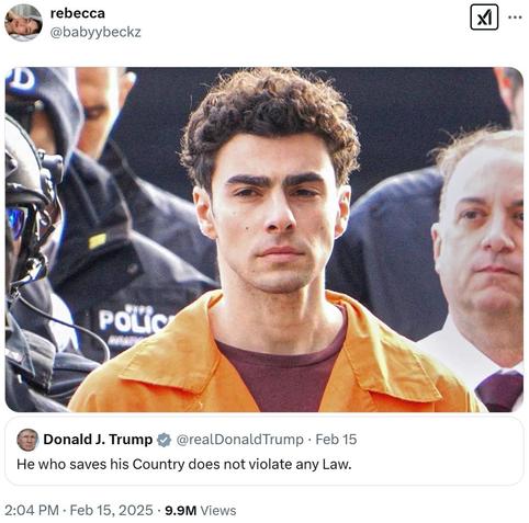 Pic of Luigi Mangione on top of Donald J Trump's tweet which reads "He who saves his Country does not violate any Law." (sic)
