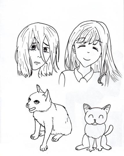 Deux dessins de visage manga et deux chats dont un essai cartoon.  