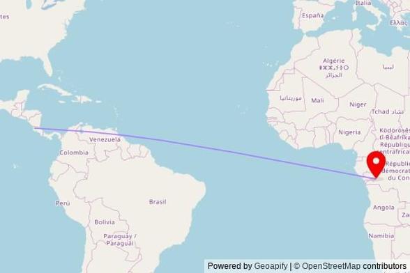 A map showing the great circle route from Liberia in Costa Rica to a map pin at Mystère Caché de l'Eternel et Révélé, 12, Avenue Moseni, Kingabwa, Democratic Republic of the Congo