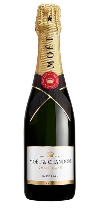 Image of a bottle of Moët & Chandon Imperial Brut Champagne, featuring a gold foil cap, black ribbon, and a prominent label displaying the brand name and champagne type.