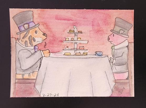 A bengal tiger and a pig enjoying high tea, while wearing suits and top hats