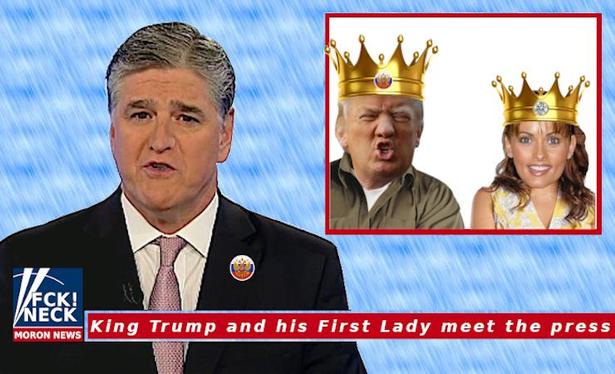 Description of the content: 
Image - A fictitious news anchor presents fictitious news by a fictitious king and his fictitious first lady. 
Logo - FCK!NECK MORON NEWS. 
News Subtitle - King Trump and his First Lady meet the press. 

Political Fictional Parody: 
Any Resemblance To Living Or Real People Is Purely Coincidental. Please Feel Free To Share.