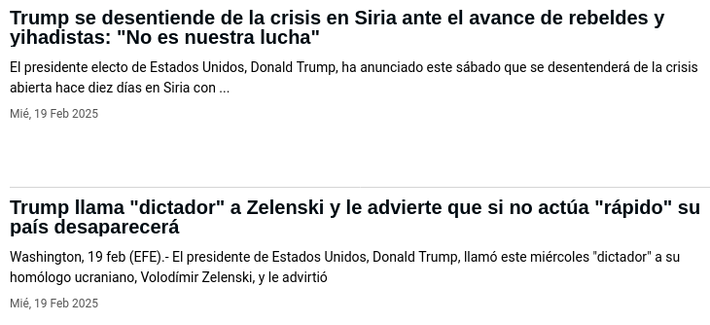 «Trump se desentiende de la crisis en Siria ante el avance de rebeldes y yihadistas: "No es nuestra lucha"»

«Trump llama "dictador" a Zelenski y le advierte que si no actúa "rápido" su país desaparecerá»