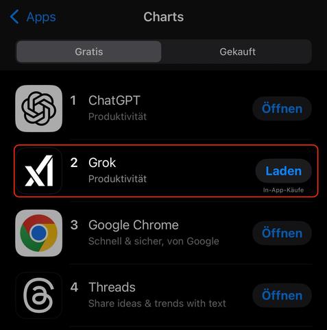 A screenshot from the German App Store Charts showing Grok at number two.
