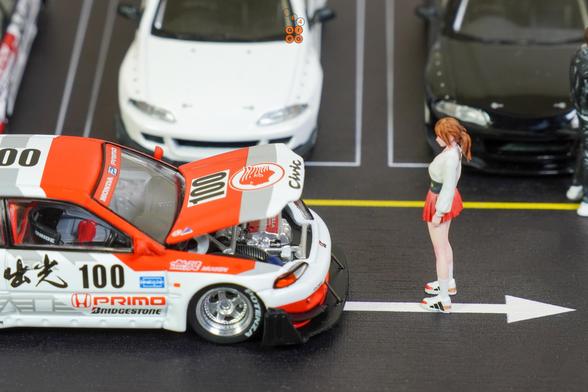 An open hood Honda Civic EG6, Pandem, Idemitsu livery, All In Tuning 2024 Edition by Pop Race in 1:64 scale with 1:64 figure on AREA 164