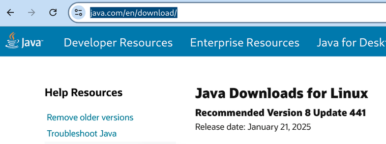 The image shows a webpage from the Java website (java.com) with a section titled "Java Downloads for Linux." It recommends "Version 8 Update 441," with a release date of "January 21, 2025." 