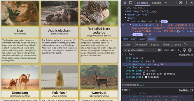 Screenshot showing the page with grid overlays. DevTools is open on the right, showing the relevant code.

```
main, article { display: grid }

main { grid-template: repeat(3, max-content)/ repeat(auto-fit, min(35ch, 100%)) }

article {
  grid-row-end: span 3;
  grid-template-rows: subgrid
}
```