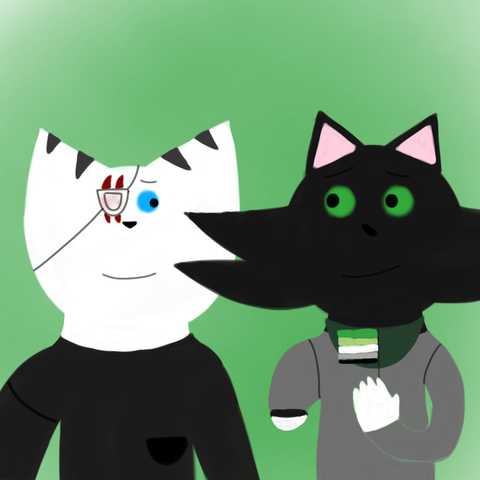 Drawing of Minea and Jupiter looking at each other lovingly and Jupiter is holding aromantic flag on their hand