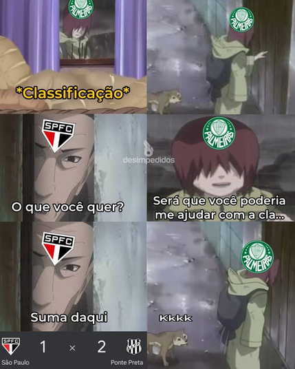 A imagem é uma montagem de seis quadros que contam uma história usando personagens de anime com logotipos de times de futebol sobrepostos. No primeiro quadro, um personagem com o logotipo do Palmeiras aparece espiando por uma janela com a legenda "Classificação". No segundo quadro, o personagem do Palmeiras, agora do lado de fora da janela, bate na porta. No terceiro e quarto quadros, um personagem com o escudo do São Paulo pergunta "O que você quer?" e responde "Suma daqui". No quinto quadro, o personagem do Palmeiras pergunta "Será que você poderia me ajudar com a cla..." e é interrompido. No sexto e último quadro, o personagem do Palmeiras se afasta, enquanto uma legenda na parte inferior da imagem mostra o resultado do jogo: São Paulo 1 x 2 Ponte Preta, com o personagem do Palmeiras rindo ("Kkkk"). A imagem parece representar uma piada ou rivalidade entre os times de futebol, com o Palmeiras zombando do São Paulo após a derrota para a Ponte Preta.