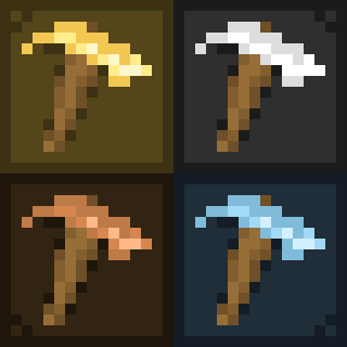 4 pickaxes made of different materials: Copper, DIamond, Gold and Iron