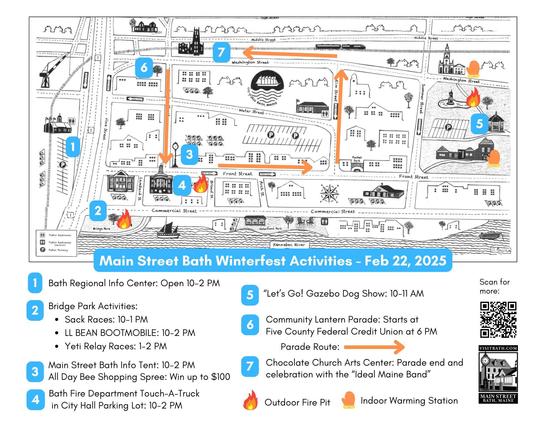 Map of Main Street Bath Winterfest Activities scheduled for Saturday, February 22, 2025
