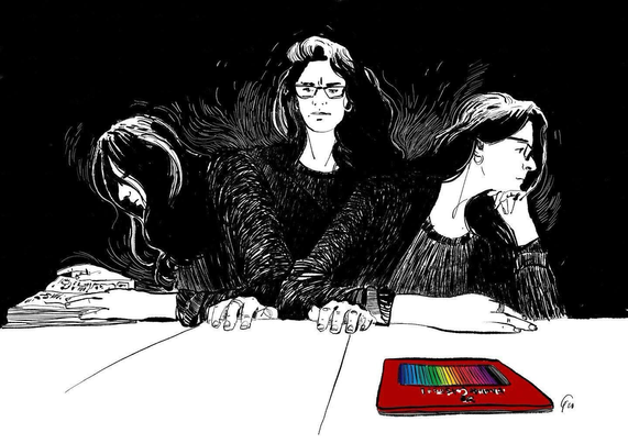 Black and white portrait showing 3 positions of me researching in books (left) readying myself before a big white sheet on the table in front of me and looking away thinking, or dreaming, or giving up (right). The portrait seem to sprout from one body like a 3 headed creature. The top of the page gains some movement and action, especially since there are a lot of black lines and textures giving it depth. The lower part of the page is empty. two lines in perspective suggest a black page. in the right lower corner there is a closed coloured pencil box. The only colour in the drawing...