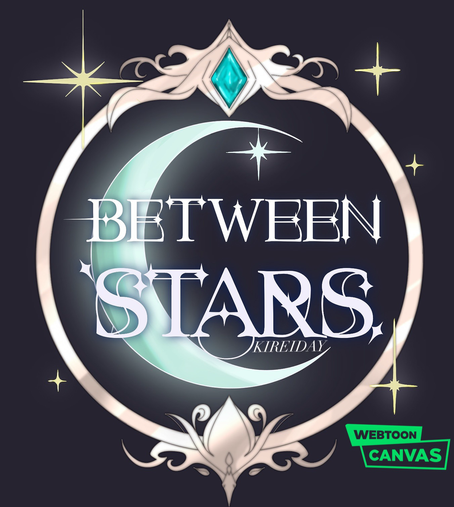 The title “Between Stars” framed by a circle surrounded by stars with a large crescent moon behind the text, at the top of the frame is a blue gemstone of significance. 