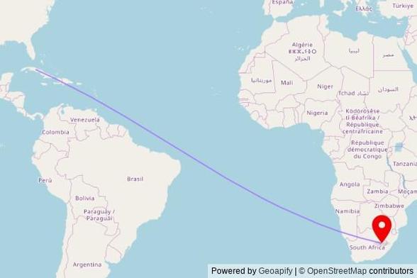 A map showing the great circle route from Santa Clara in Cuba to a map pin at St John Tlali mission, B251, Ha Tlali, Lesotho