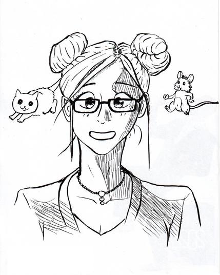 Jolie fille avec deux chignons et des lunettes. Elle a l'air pertubée et fait de grands yeux et un sourire gêné, pendant qu'un chaton à l'air fou est poursuivi par une souris à l'air idiot à l'arrière plan (effet cartoon).   