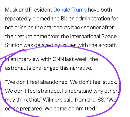 “We don’t feel abandoned. We don’t feel stuck. We don’t feel stranded. I understand why others may think that,” Wilmore said from the ISS. “We come prepared. We come committed.”
