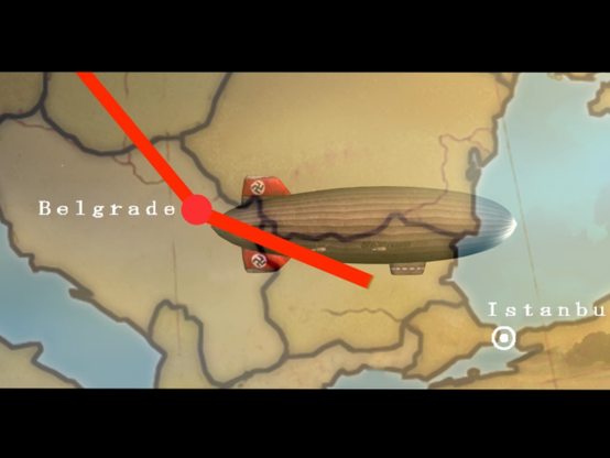 A standard Indiana Jones "red line on the map" transition scene, showing Indy's journey to Istanbul as von Beck's prisoner. Overlaid behind the map is the translucent image of the craft taking Indy to Istanbul: a Zeppelin with Nazi swastikas on the rear fins.