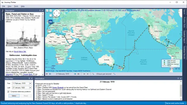 Screenshot of Journey Plotter, showing the journey of HMS New Zealand and the events recorded in the log-book for 21 February 1919, when she set sail from Portsmouth.