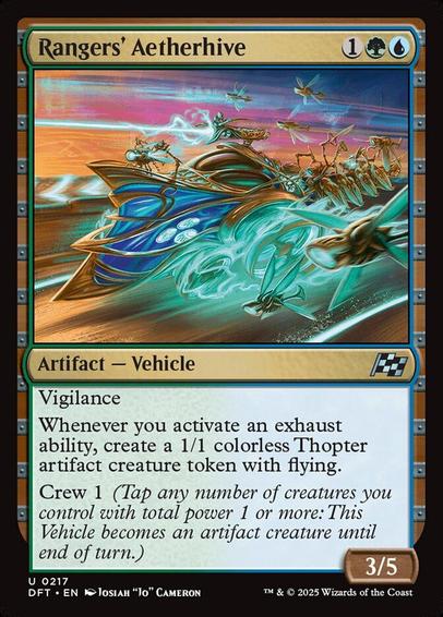 Card Name: Rangers' Aetherhive
Set: Aetherdrift
Description: Vigilance
Whenever you activate an exhaust ability, create a 1/1 colorless Thopter artifact creature token with flying.
Crew 1 (Tap any number of creatures you control with total power 1 or more: This Vehicle becomes an artifact creature until end of turn.)
Artist: Josiah "Jo" Cameron