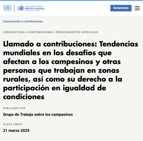 🚜🧑🌾🌾🇺🇳 #UNDROP El grupo de expertos de la ONU sobre los #DerechosCampesinos lanza una nueva convocatoria (límite es el 21 de marzo 2025) para que las organizaciones campesinas aporten sus opiniones sobre las tendencias y los desafíos globales que afectan a los campesinos y a otras personas que trabajan en las zonas rurales.
➡️ https://www.ohchr.org/es/calls-for-input/2025/call-input-global-trends-challenges-affecting-peasants-and-other-people
#DerechosCampesinosYA!
