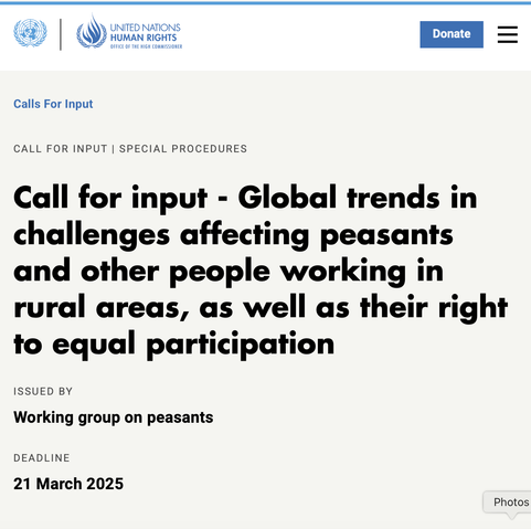 🚜🧑‍🌾🌾🇺🇳 #UNDROP The #United Nations working group of experts on #PeasantsRights is launching a new call for inputs (until 21 March 2025) from #peasants organisations on global trends and challenges affecting peasants and other people working in rural area.
➡️ https://www.ohchr.org/en/calls-for-input/2025/call-input-global-trends-challenges-affecting-peasants-and-other-people

#PeasantsRightsNOW!