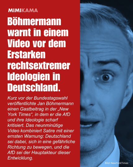 Böhmermann warnt in einem Video vor dem Erstarken rechtsextremer Ideologien in Deutschland. Kurz vor der Bundestagswahl veröffentlichte Jan Böhmermann einen Gastbeitrag in der „New York Times“, in dem er die AfD und ihre Ideologie scharf kritisiert. Das neunminütige Video kombiniert Satire mit einer ernsten Warnung: Deutschland sei dabei, sich in eine gefährliche Richtung zu bewegen, und die AfD sei der Hauptakteur dieser Entwicklung.