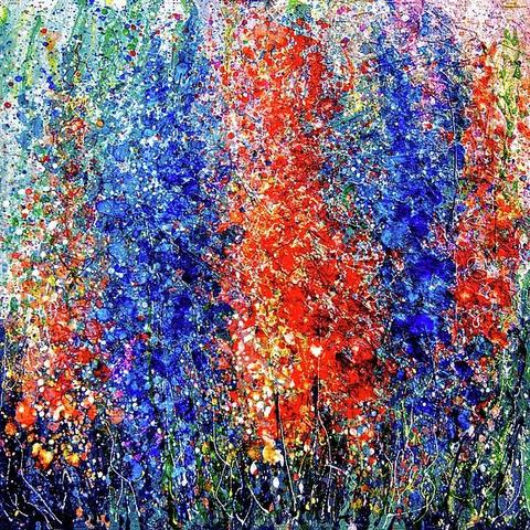 
The image is an abstract painting featuring a vibrant mix of blues, reds, and oranges, with intricate splatters and layers of paint creating a dynamic and colorful composition. The artwork evokes the feeling of a blooming spring garden, full of life and movement. 
