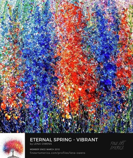 
The image is an abstract painting featuring a vibrant mix of blues, reds, and oranges, with intricate splatters and layers of paint creating a dynamic and colorful composition. The artwork evokes the feeling of a blooming spring garden, full of life and movement.