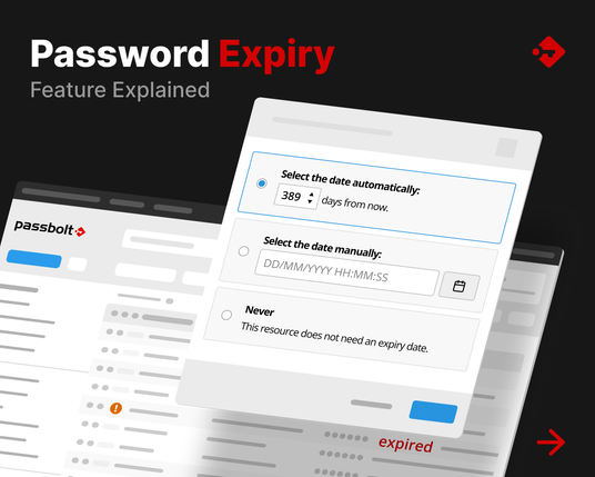 Password Expiry Feature Explained. Illustration showing the Password Expiry feature with options to set, manually enter, or disable expiration. A blurred background highlights an expired password notification.