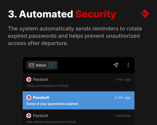 Automated Security, showing how Passbolt sends reminders to update expired passwords. A screenshot highlights an email notification about expired passwords.