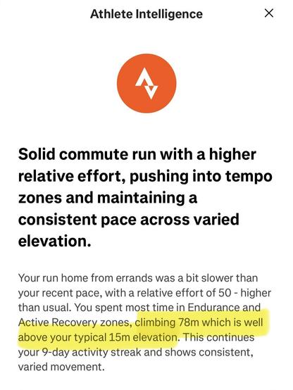 The image features a text summary from Strava athlete intelligence:
“Solid commute run with a higher relative effort, pushing into tempo zones and maintaining a consistent pace across varied elevation.
Your run home from errands was a bit slower than your recent pace, with a relative effort of 50 - higher than usual. You spent most time in Endurance and Active Recovery zones, climbing 78m which is well above your typical 15m elevation. This continues your 9-day activity streak and shows consistent, varied movement.”