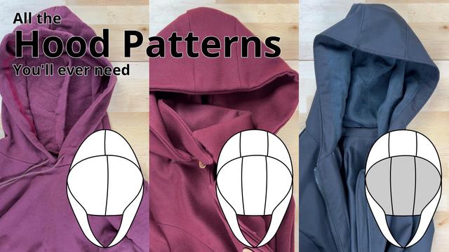 The different hood types displayed as photo and line drawings: A simple two-part hood, a three-part hood and a three-part hood with facing and lining